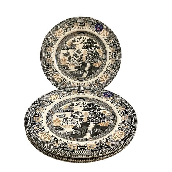 Royal Stafford Black Gold Asian Garden Willow Pagoda Dinner Plates Set of 4 New - Picture 16 of 16